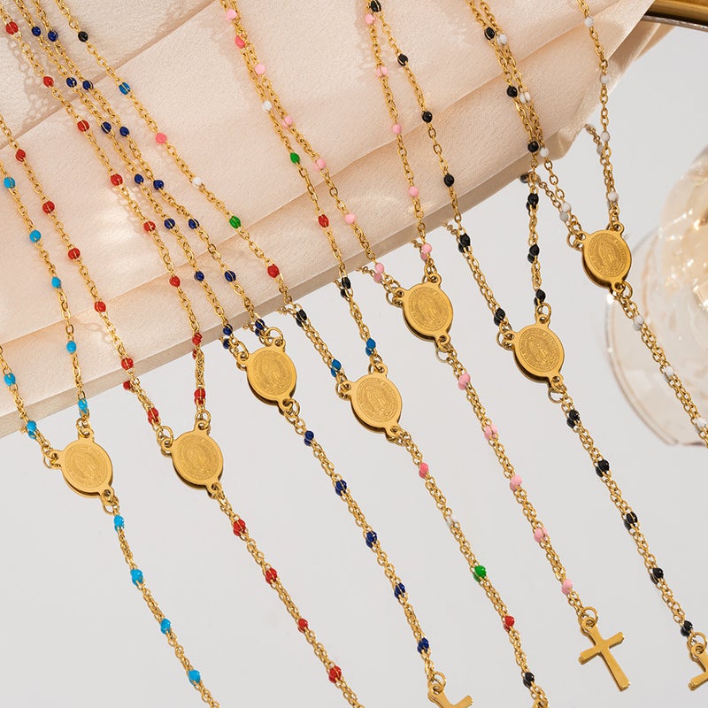 Explosions Titanium Steel Madonna Cross Stainless Steel Dropping Oil Bead Necklace Steel Color Bead Chain Ethnic Style - Image 2